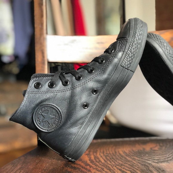 SOLD Black Leather Converse High Tops - Picture 1 of 6